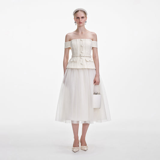 Krem Buklet Tül Midi Elbise