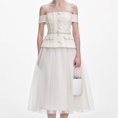 Krem Buklet Tül Midi Elbise