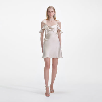Şampanya Çiçek Saten Mini Elbise