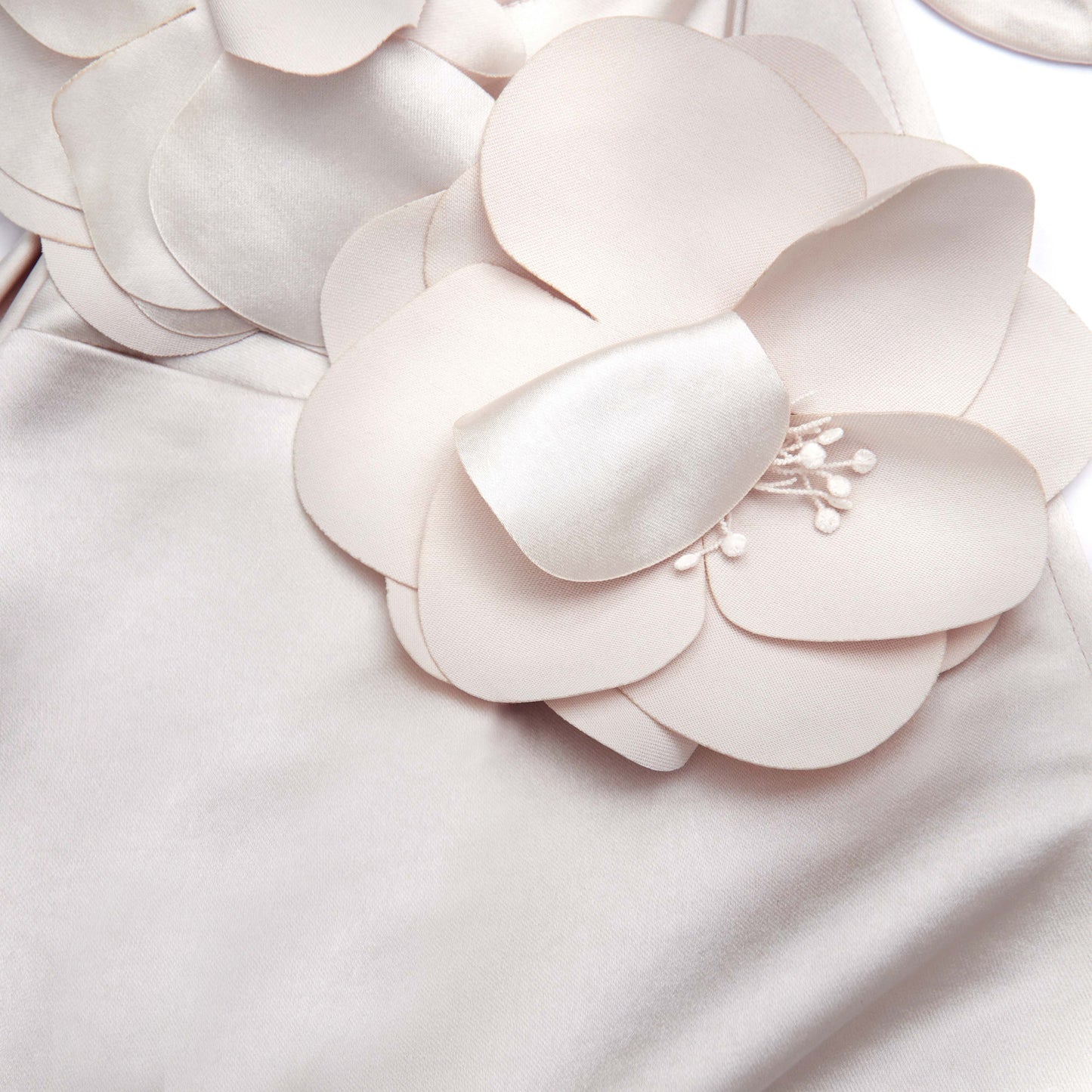 Şampanya Çiçek Saten Uzun Elbise