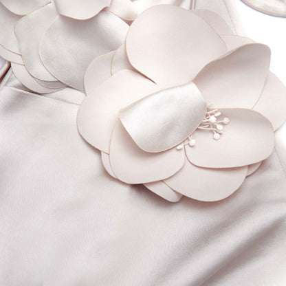 Şampanya Çiçek Saten Uzun Elbise