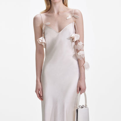 Şampanya Çiçek Saten Uzun Elbise