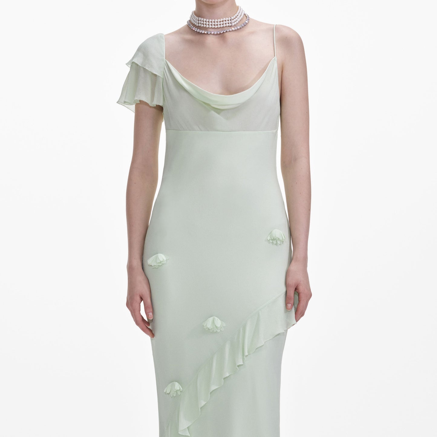 Mint Georgette Çiçekli Uzun Elbise