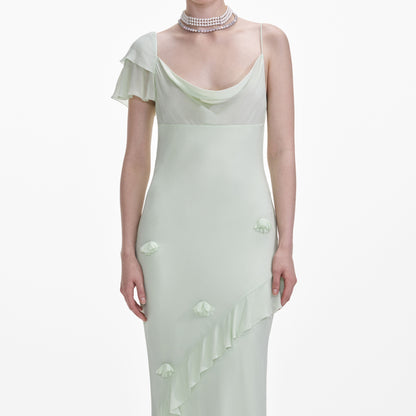 Mint Georgette Çiçekli Uzun Elbise