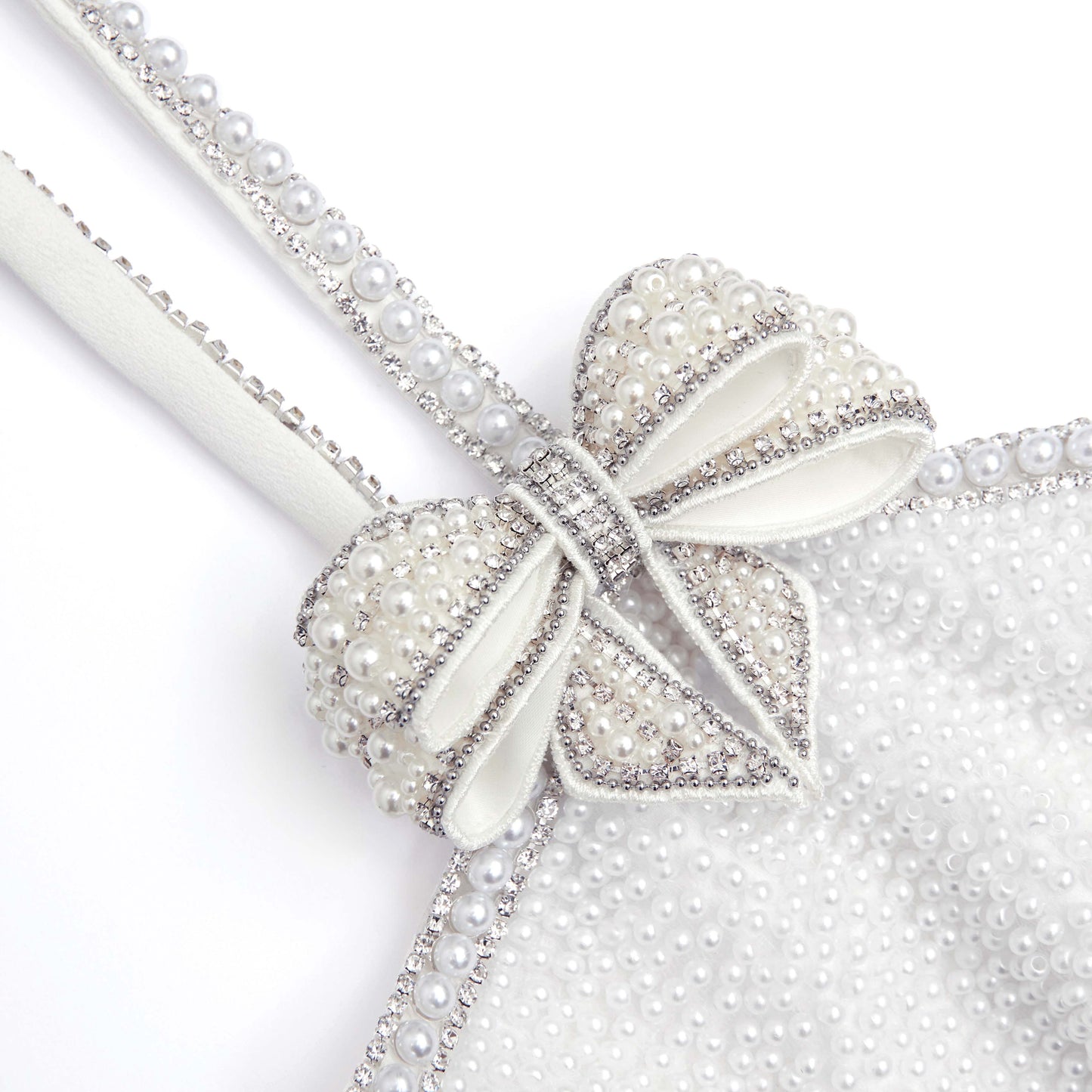 Beyaz Krep İnci Fiyonklu Mini Elbise