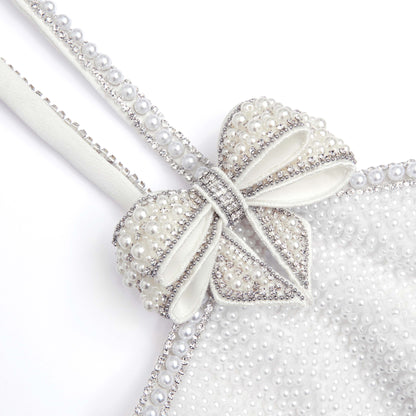 Beyaz Krep İnci Fiyonklu Mini Elbise