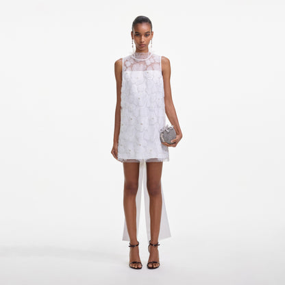 Beyaz Tül Saten Fiyonklu Mini Elbise