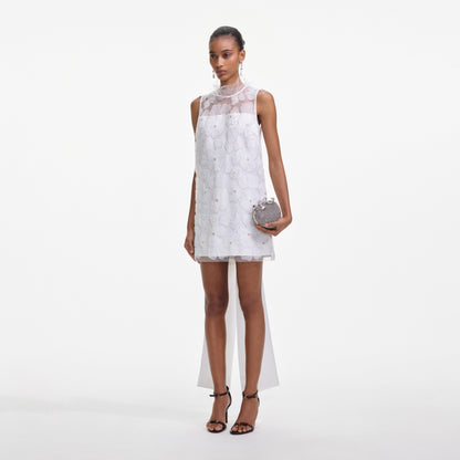 Beyaz Tül Saten Fiyonklu Mini Elbise