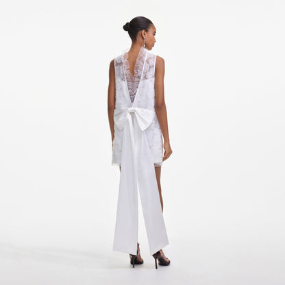 Beyaz Tül Saten Fiyonklu Mini Elbise