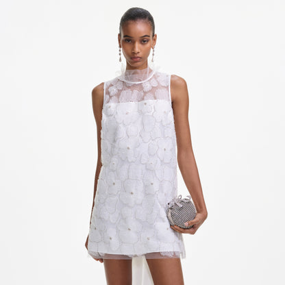 Beyaz Tül Saten Fiyonklu Mini Elbise