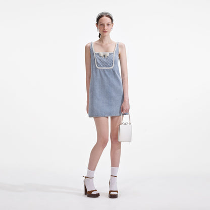 Açık Mavi Kot Fiyonklu Mini Elbise