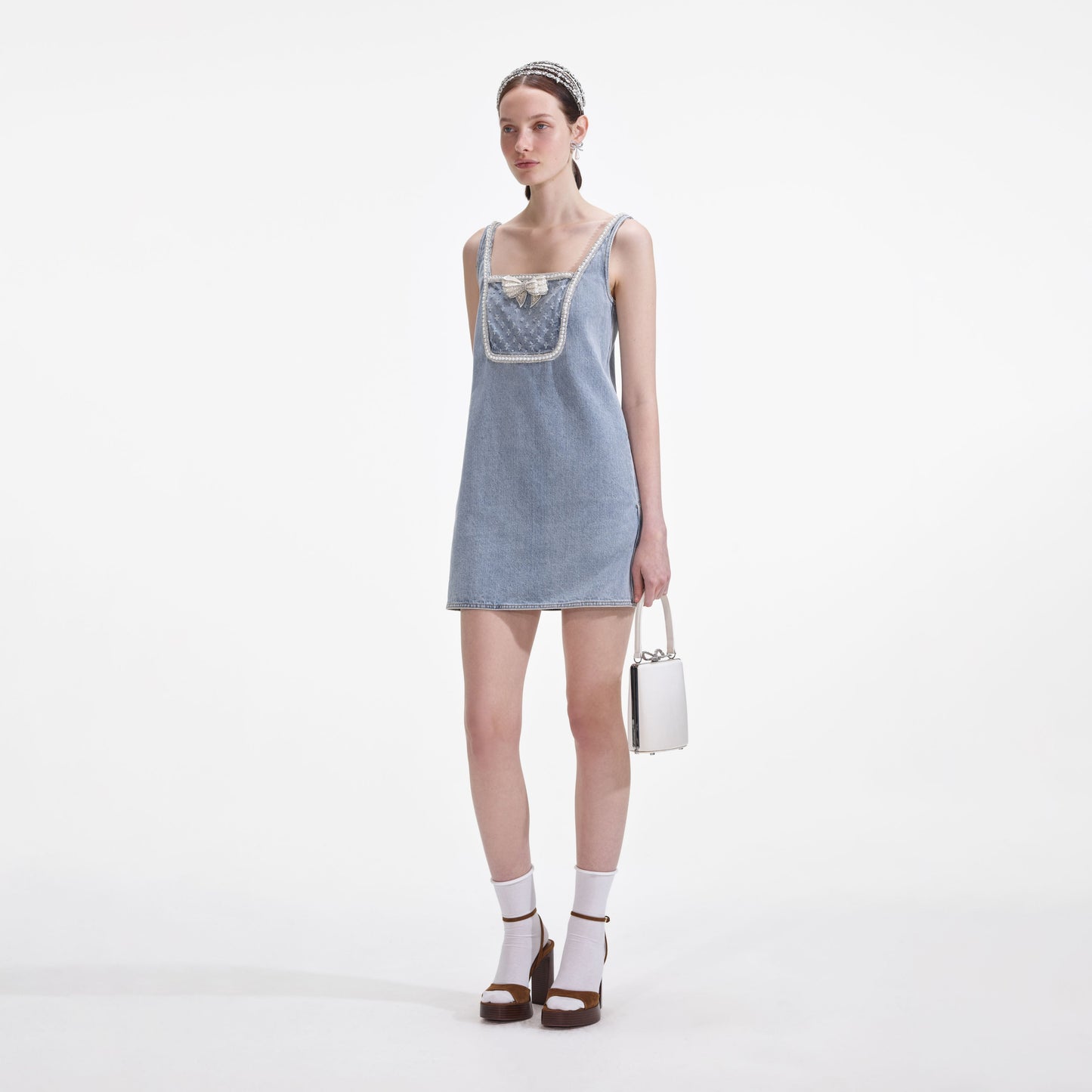 Açık Mavi Kot Fiyonklu Mini Elbise