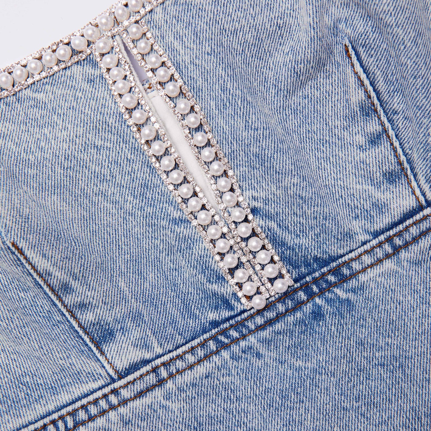 Açık Mavi Kot İnci Mini Elbise