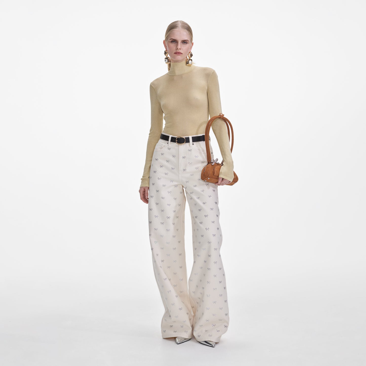 Krem Kot Pırlanta Fiyonklu Kot Pantolon