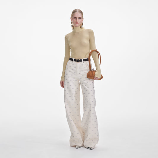 Krem Kot Pırlanta Fiyonklu Kot Pantolon