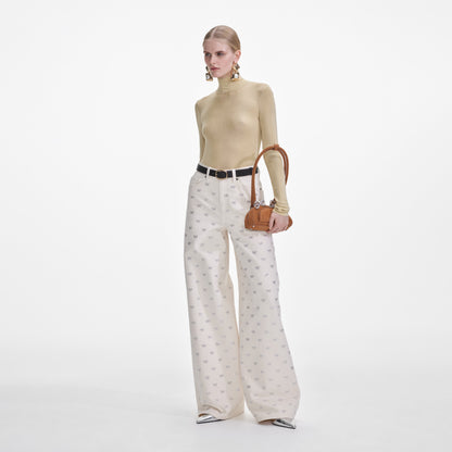 Krem Kot Pırlanta Fiyonklu Kot Pantolon