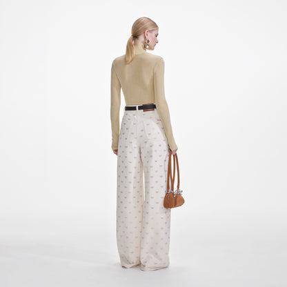 Krem Kot Pırlanta Fiyonklu Kot Pantolon