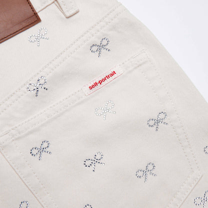 Krem Kot Pırlanta Fiyonklu Kot Pantolon