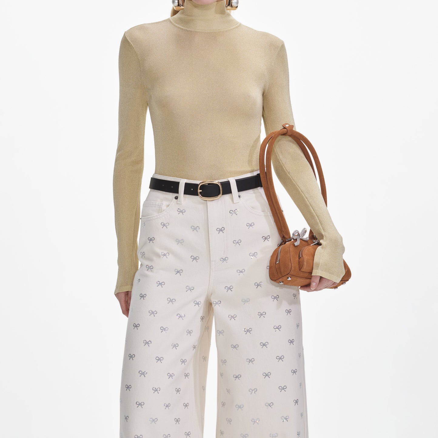 Krem Kot Pırlanta Fiyonklu Kot Pantolon