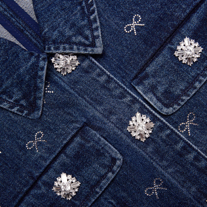 Denim Pırlanta Fiyonk Yaka Mini Elbise