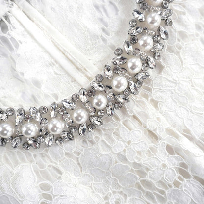 Beyaz İnce Dantel İnci Midi Elbise