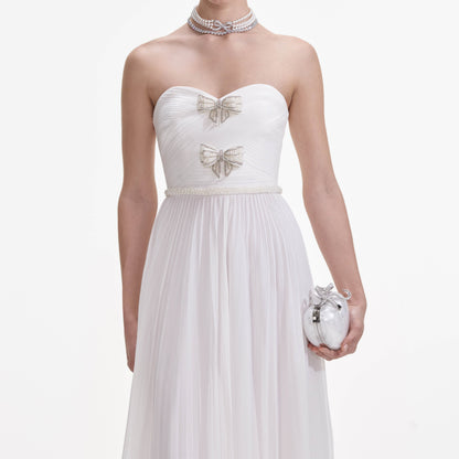 Beyaz Şifon Fiyonklu Uzun Elbise