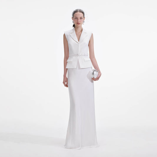 Beyaz Krep Uzun Elbise