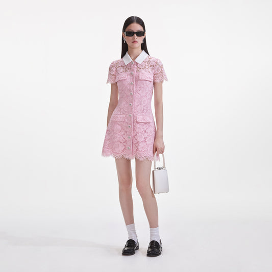 Pembe Dantel Yaka Mini Elbise