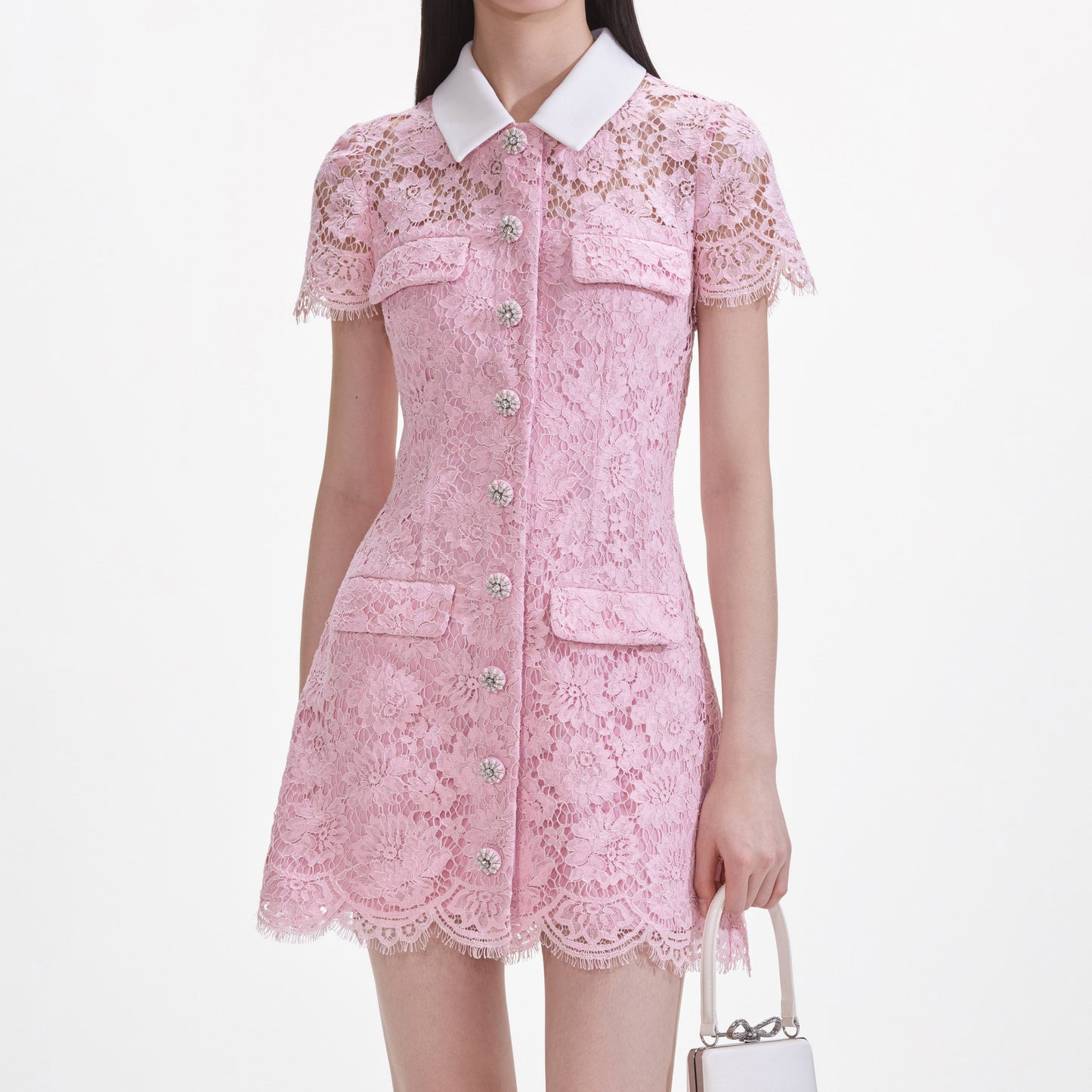 Pembe Dantel Yaka Mini Elbise