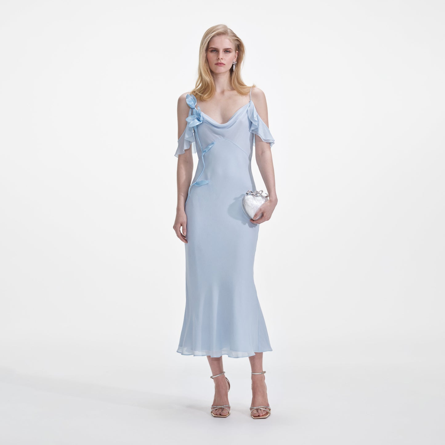 Mavi Jorjet Çiçekli Midi Elbise