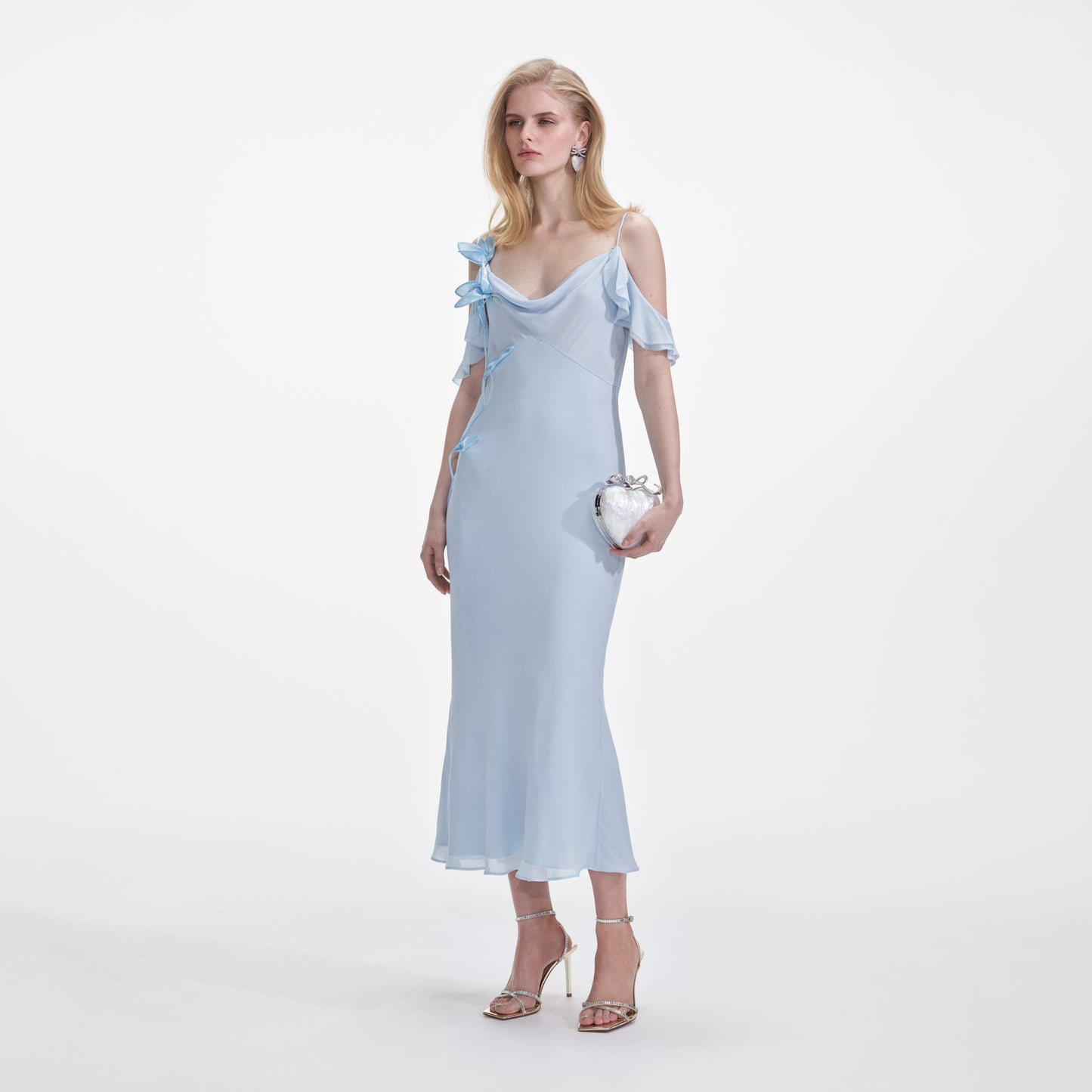 Mavi Jorjet Çiçekli Midi Elbise