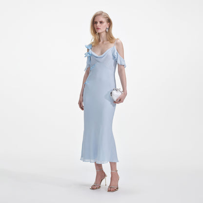 Mavi Jorjet Çiçekli Midi Elbise