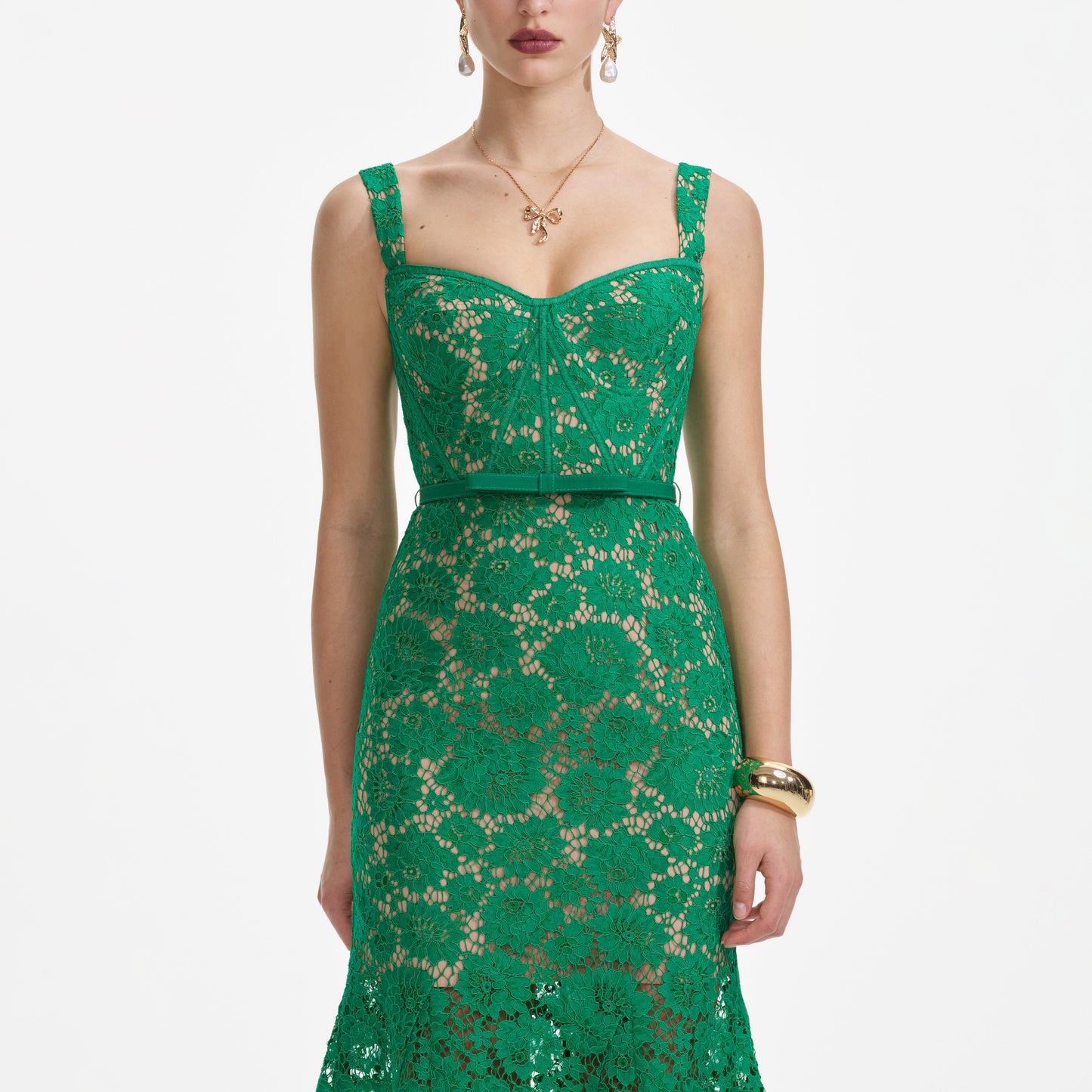 Yeşil İnce Dantel Midi Elbise