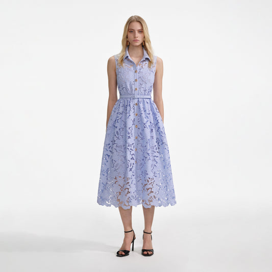 Mavi Dantel Kolsuz Midi Elbise