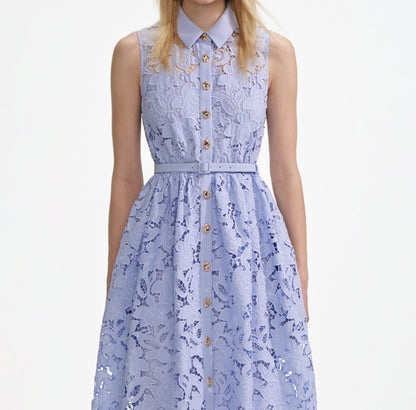 Mavi Dantel Kolsuz Midi Elbise