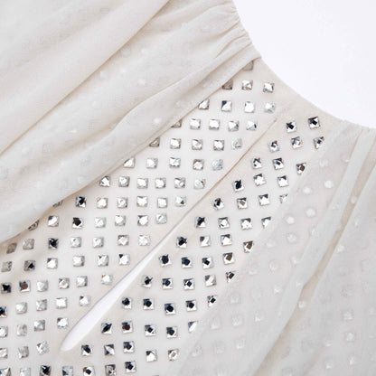 Krem Taşlı Pelerinli Uzun Elbise