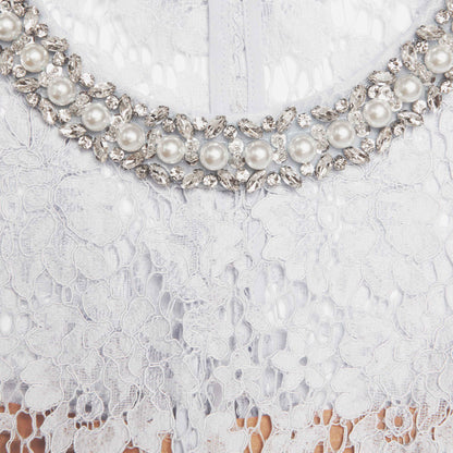 Beyaz Dantel Katmanlı Uzun Elbise