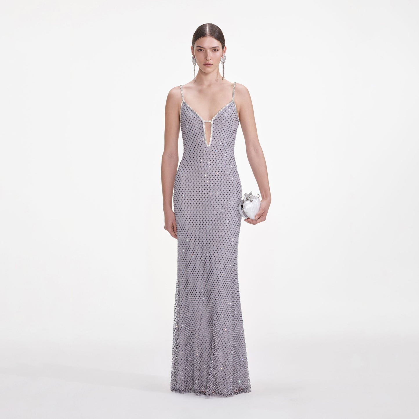 Gri Kare Taşlı Balık Ağı Uzun Elbise