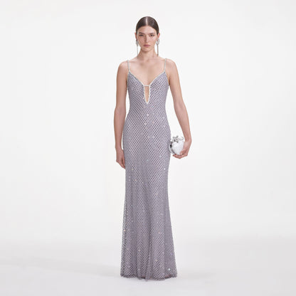 Gri Kare Taşlı Balık Ağı Uzun Elbise
