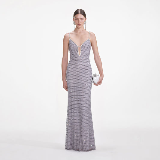Gri Kare Taşlı Balık Ağı Uzun Elbise