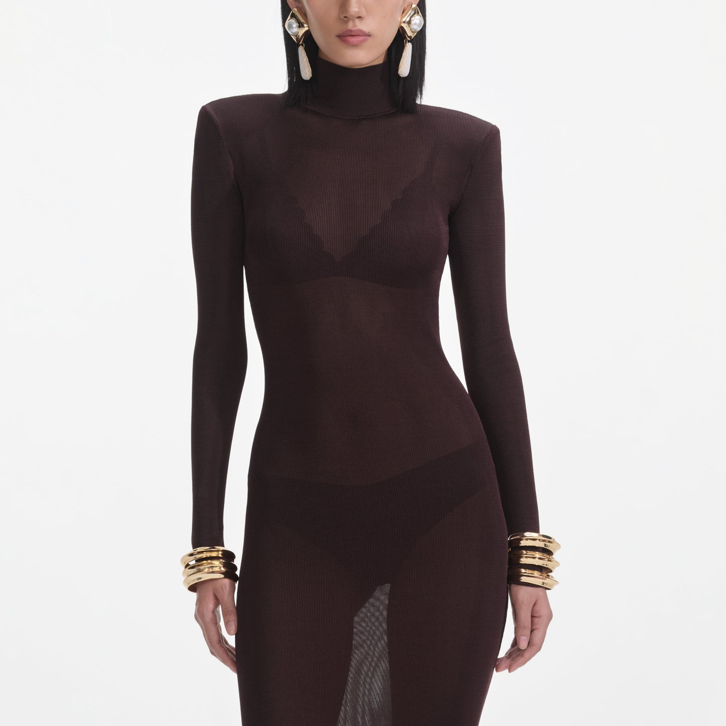 Kahverengi Viskon Örme Uzun Elbise