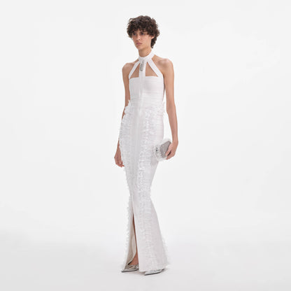 Beyaz Örme Fermuarlı Volanlı Uzun Elbise