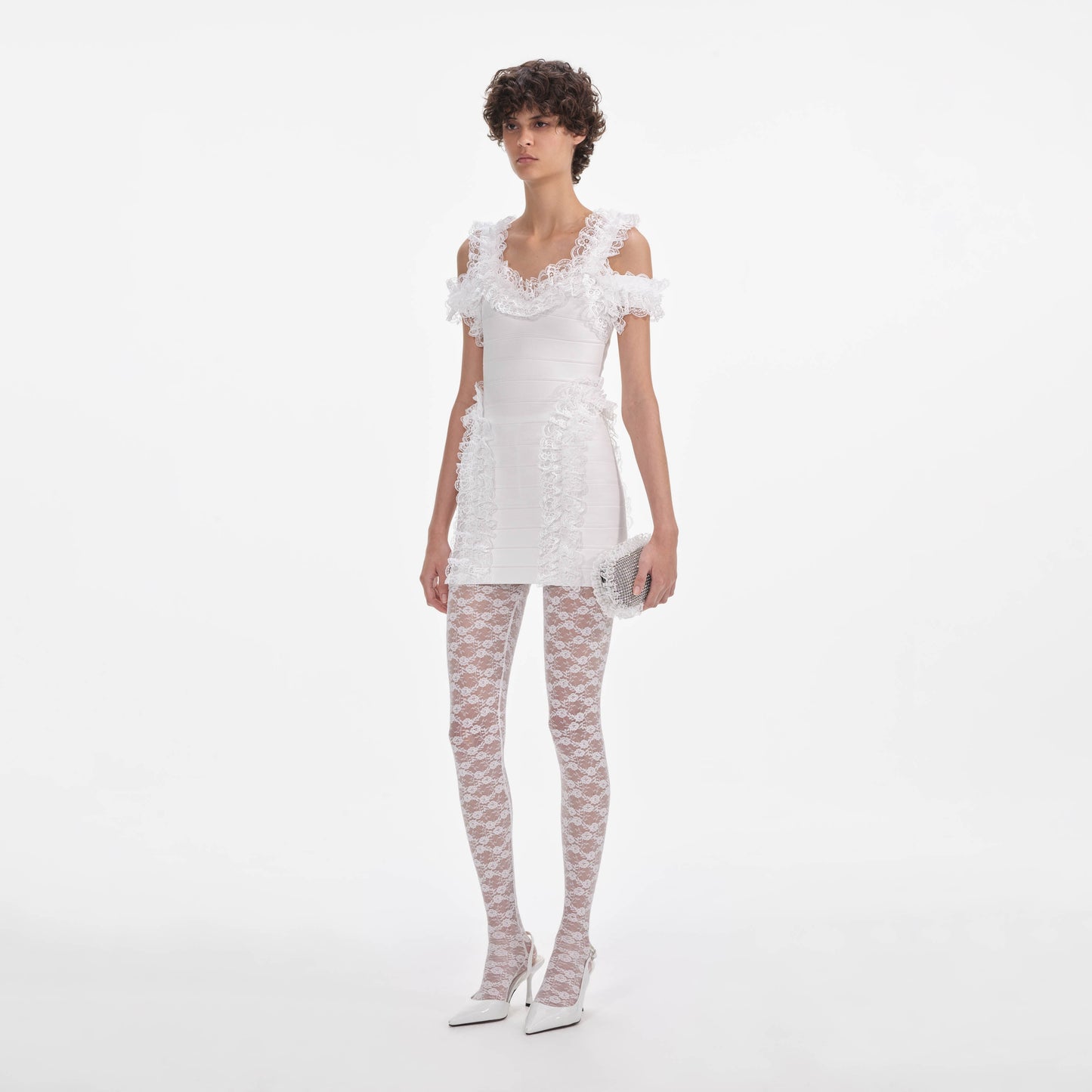 Beyaz Örgü Volanlı Mini Elbise