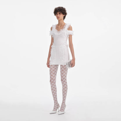 Beyaz Örgü Volanlı Mini Elbise