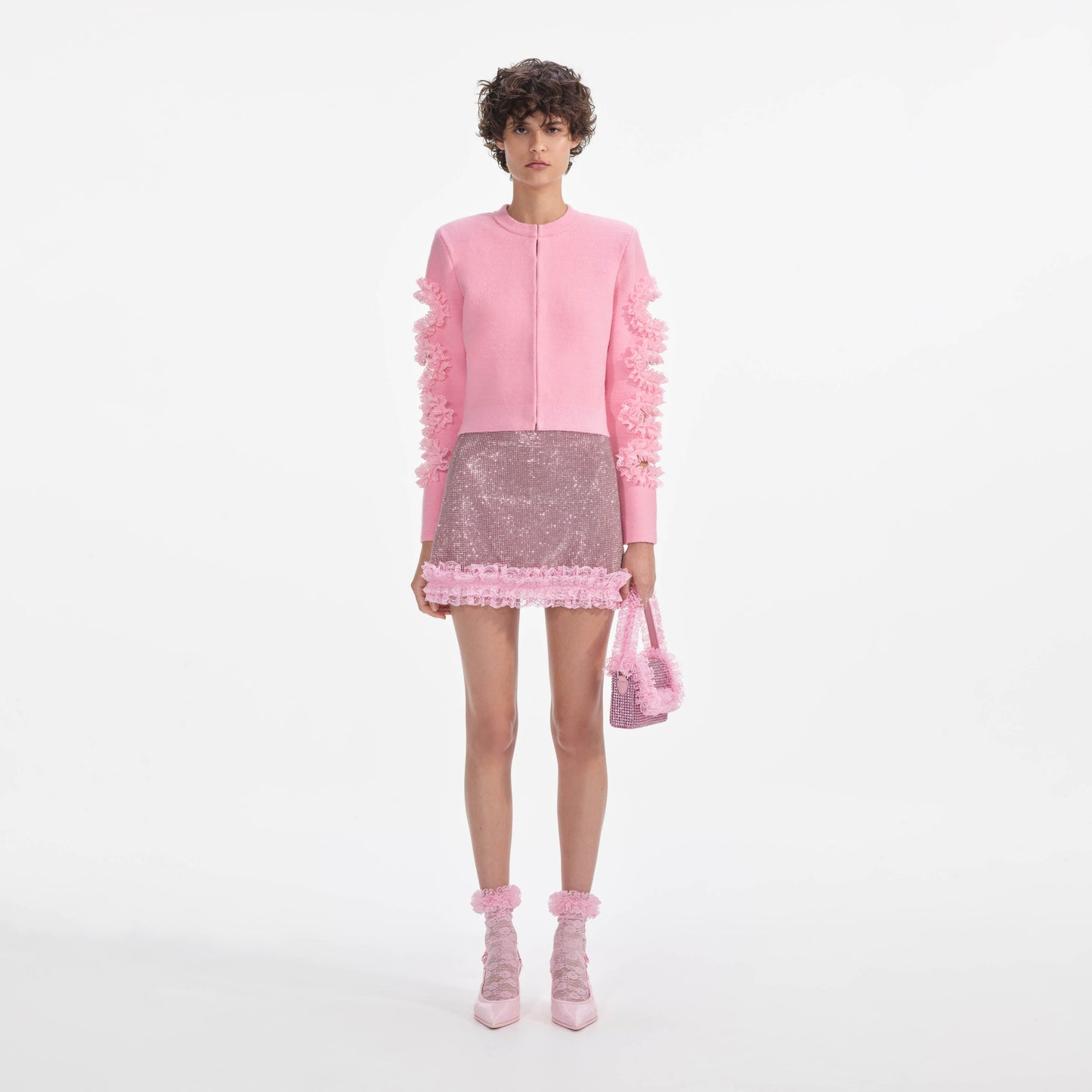 Pembe Kristal Zincir Posta Mini Etek