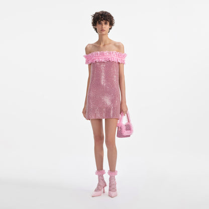 Pembe Kristal Zincir Posta Mini Elbise