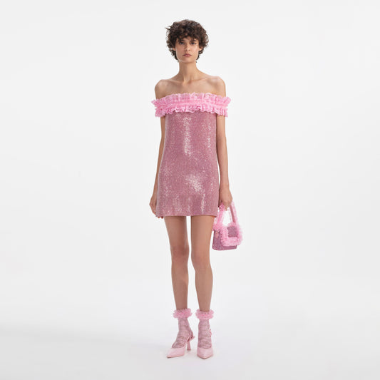 Pembe Kristal Zincir Posta Mini Elbise