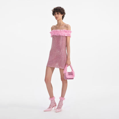 Pembe Kristal Zincir Posta Mini Elbise