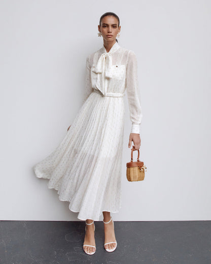 Krem Ve Altın Bağcıklı Midi Elbise