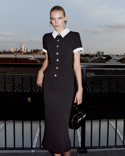 Siyah Krep Kontrast Midi Elbise